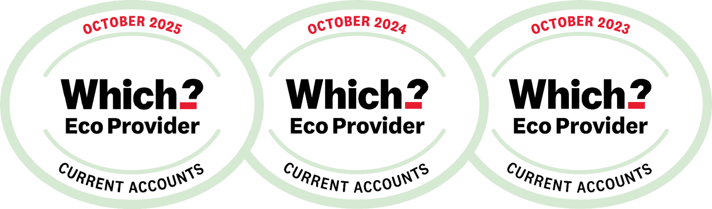 Which? Eco Provider awards for Current Accounts, October 2023, 2024, and 2025